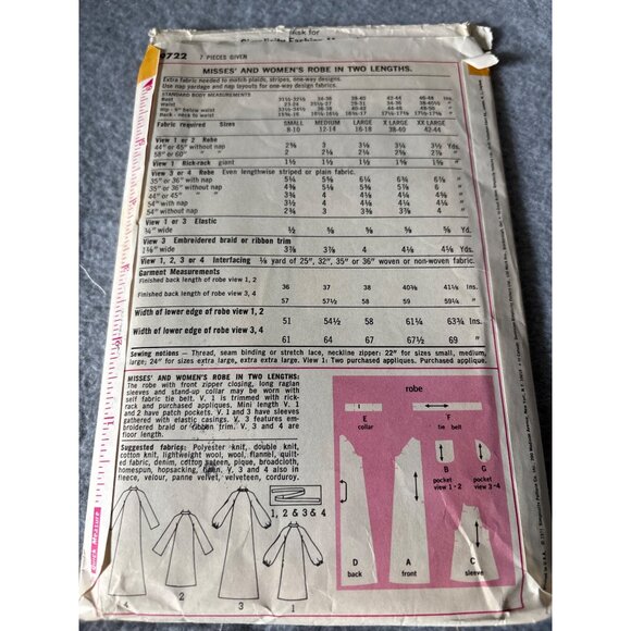 Simplicity 7222 Sewing Pattern Womens Robe in 2 Lengths Size X-Large 38-40 Vinta - Picture 3 of 5